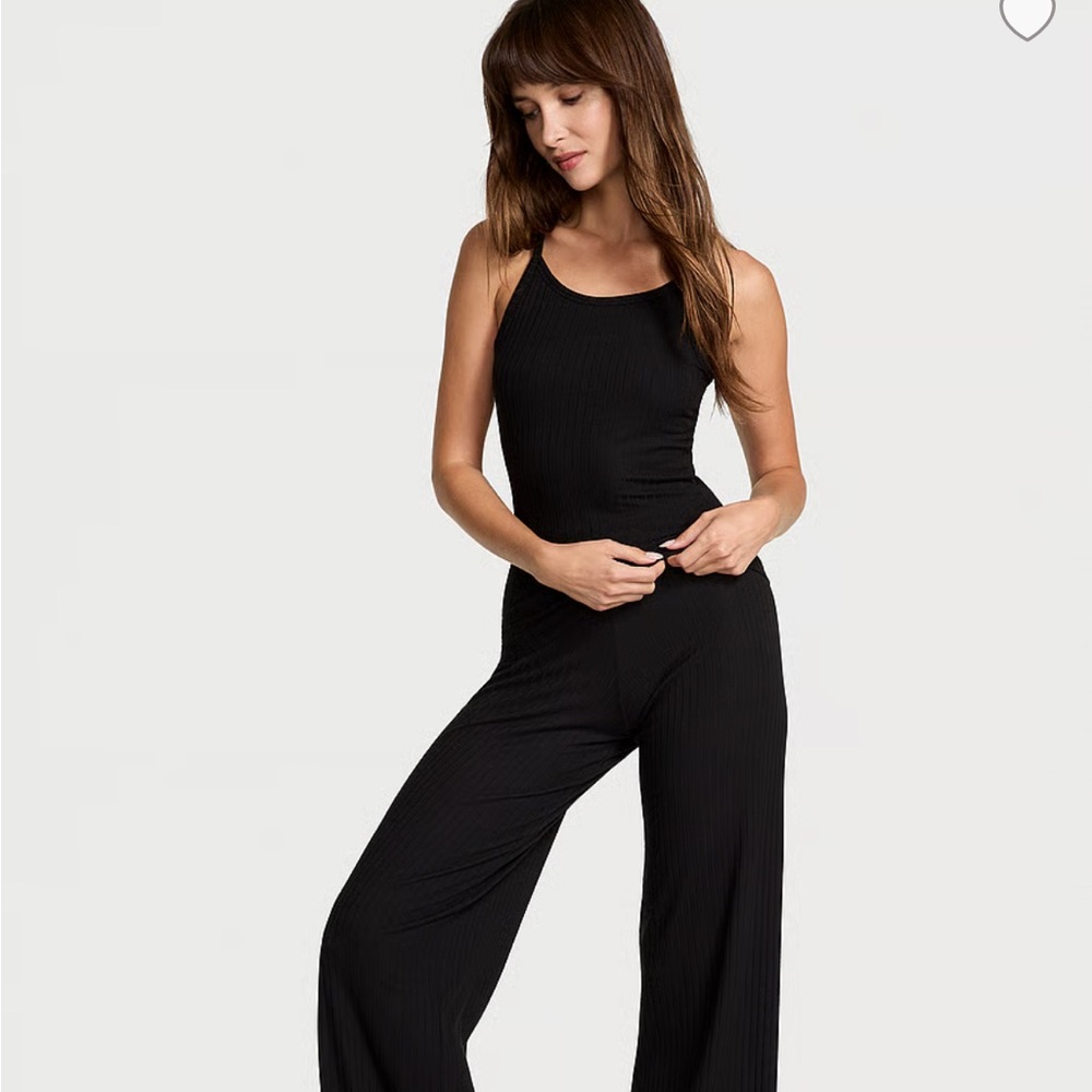 Victoria's Secret Black Ribbed Wide-Leg Jumpsuit